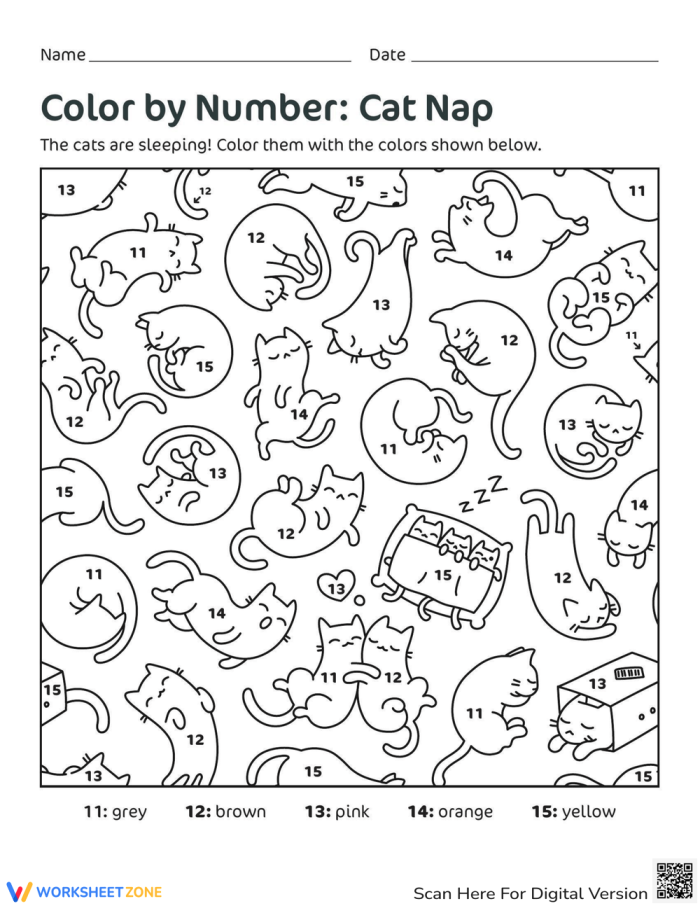 Color by Number Cat Nap activity for Kindergarten data and graphing skills Kindergarten color-by-number worksheet featuring a cozy cat nap for young learners