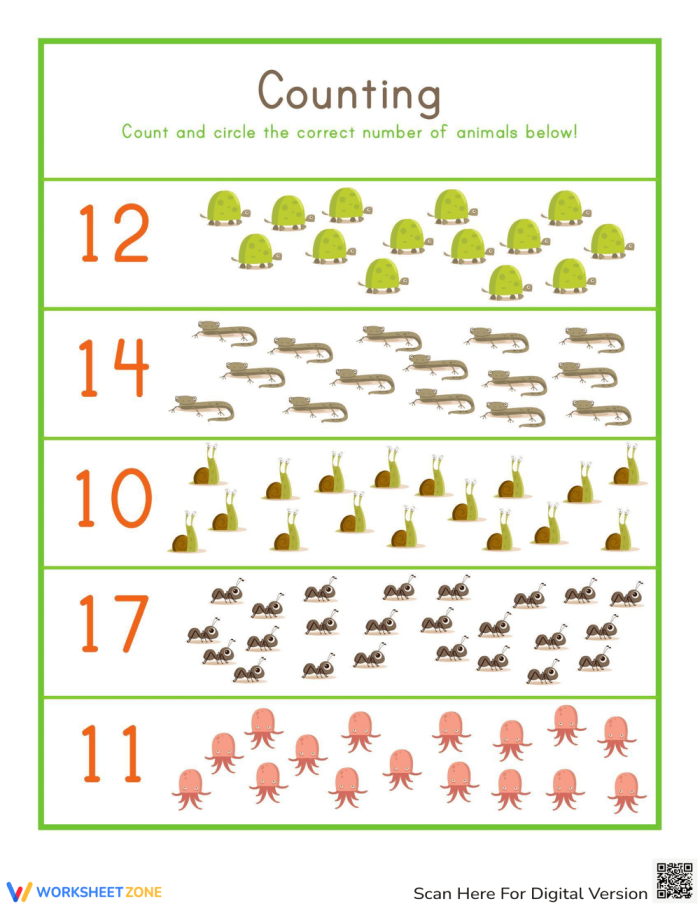 Creature Counting worksheet with double digit numbers for early learners, image 3 Kindergarten phonics worksheet featuring colorful creepy crawlies for counting practice