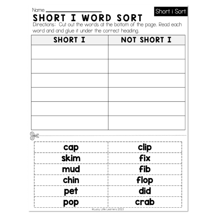 Short I CVC Word Sort Worksheet for -ig and -in word families with pictures, image 11 Kindergarten worksheet showing a short I CVC word sort activity with -ig and -in word families