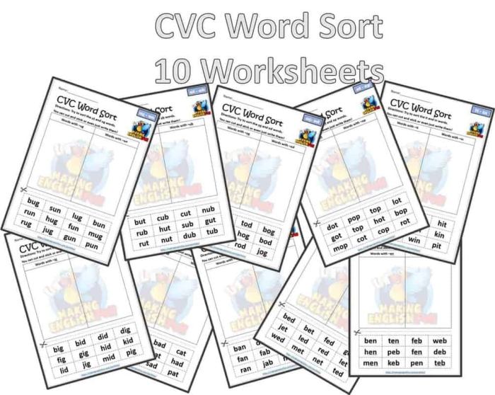 Worksheet featuring a short I CVC word sort for -ig and -in words aimed at kindergarten students