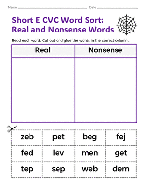 Short E CVC word sort worksheet featuring -en and -eg images for Kindergarten students