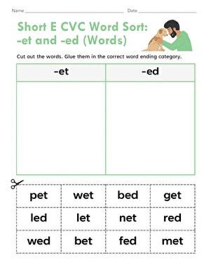 Short E CVC word sort worksheet for -en and -eg words featuring engaging pictures for kindergarten students