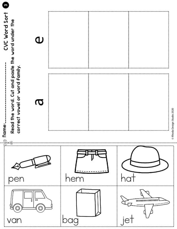 Short E CVC word sort worksheet showing pictures of -en and -eg words for kindergarten learners