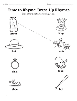 Time to Rhyme: Engaging Dress-Up Rhymes Worksheet for Young Readers Cute worksheet featuring dress-up rhymes for kindergarteners to practice word sounds