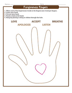 Supportive words on fingers in a social emotional learning Forgiveness Fingers worksheet for young children Kindergarten student completing a Forgiveness Fingers worksheet with supportive words on each finger