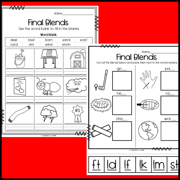 Worksheet for practicing ending blends in kindergarten multiplication activities Kindergarten worksheet focusing on ending consonant blends like mp, nk, and ft