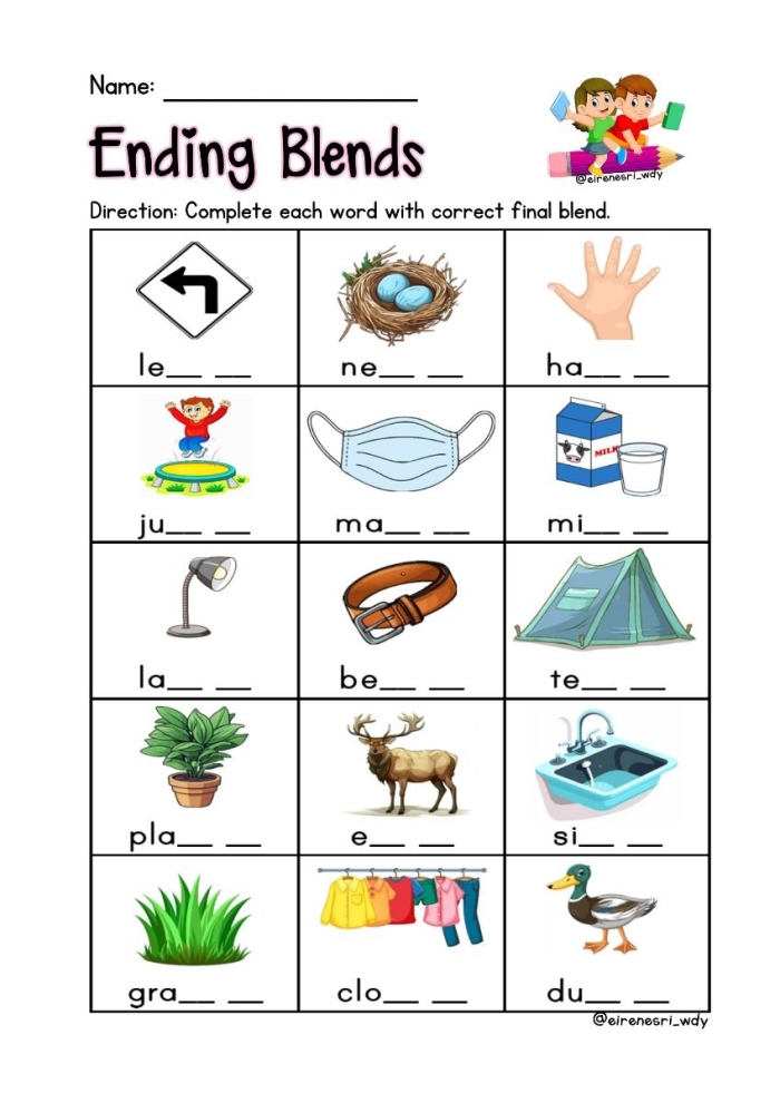 Worksheet for practicing ending consonant blends in kindergarten multiplication activities Kindergarten Ending Blends Review worksheet focusing on final consonant blends like mp, nk, and ft