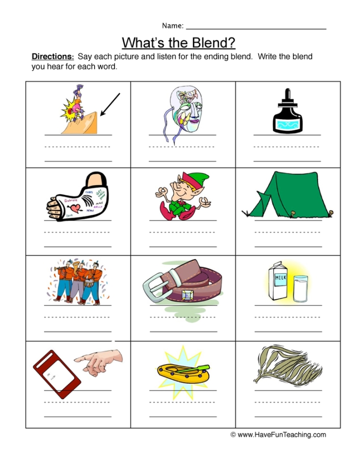 Practice sheet for ending blends review in kindergarten multiplication class Kindergarten worksheet focusing on ending consonant blends like mp, nk, and ft
