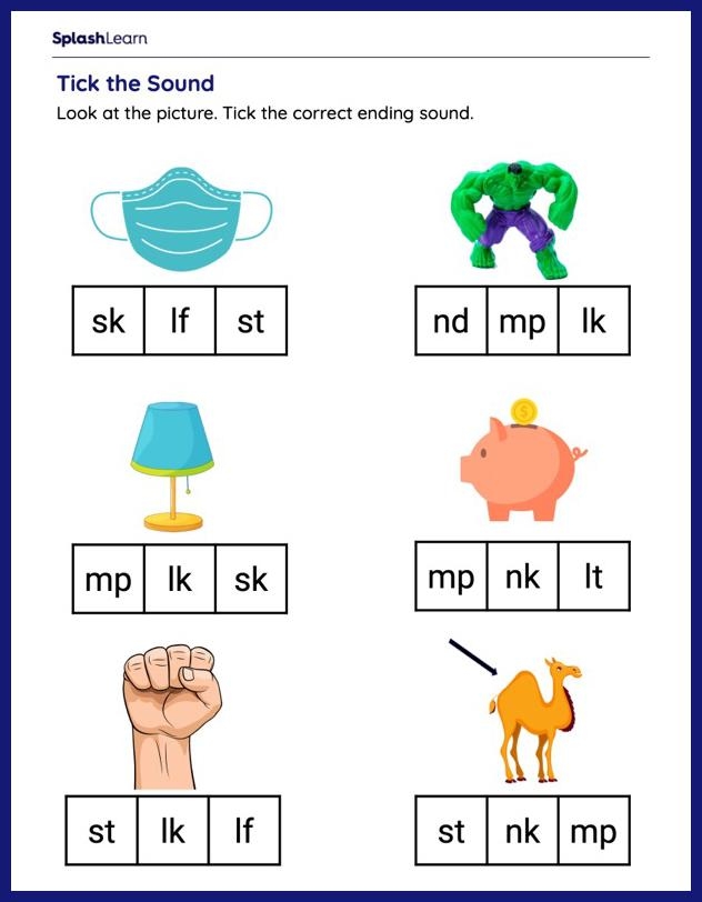 Practice sheet for ending blends review tailored for kindergarten multiplication learners Kindergarten worksheet focusing on ending consonant blends like mp, nk, and ft