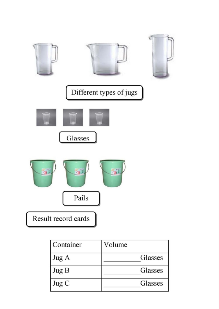 Physical Science Estimating Volume practice sheet for young learners Kindergarten worksheet for estimating liquid volume in various containers