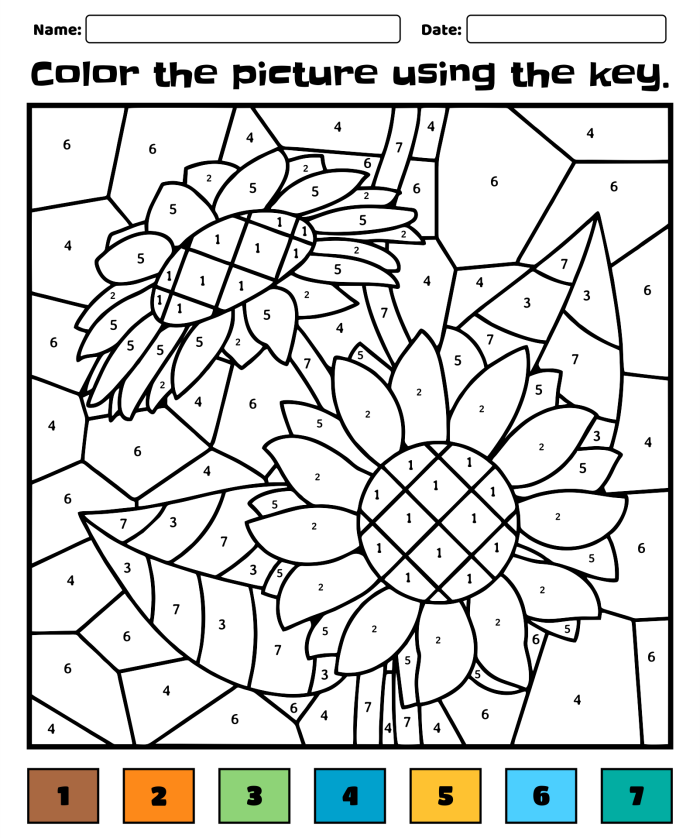 Color by Number Flower activity for practicing numerals and number words in grade K Kindergarten worksheet showing a flower to color by matching numbers and words