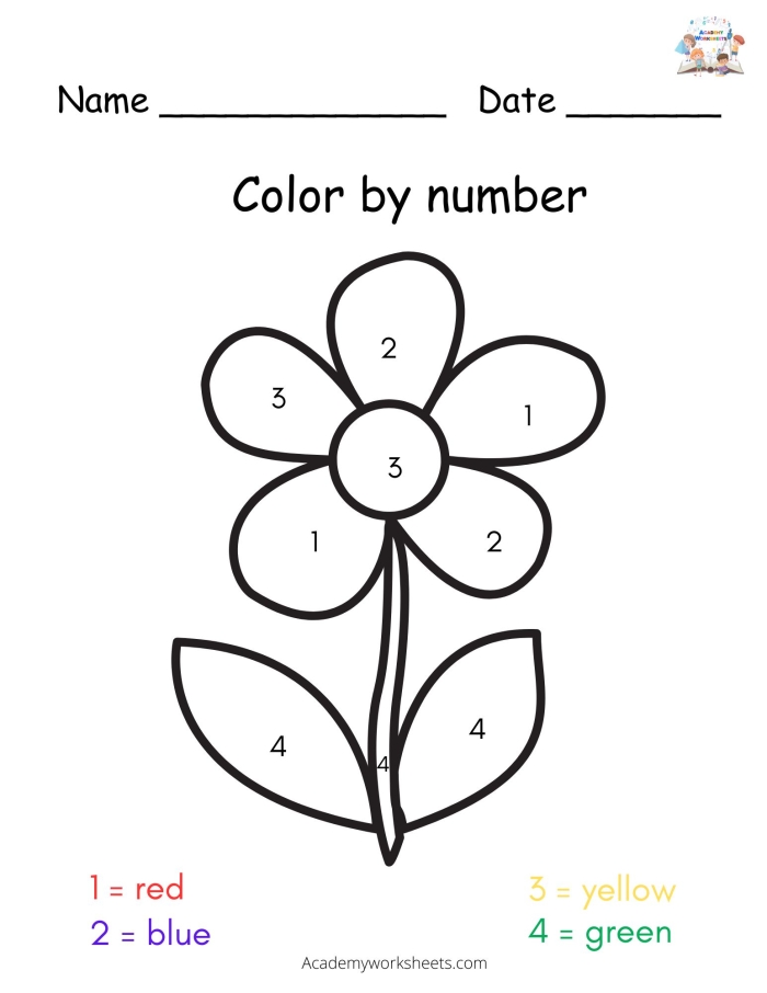Color by Number Flower worksheet for recognizing numerals and written numbers in grade K Kindergarten flower coloring worksheet using numbers and words for practice