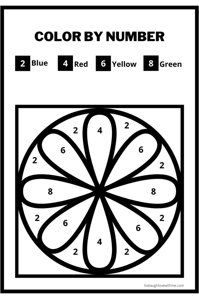 Color by Number Flower activity for practicing number recognition in young learners Kindergarten worksheet showing a flower to color by matching numbers and words
