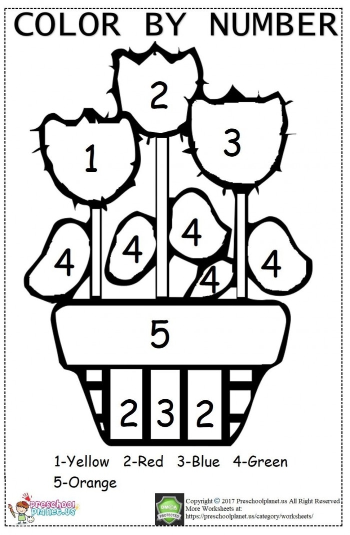 Flower coloring activity with number chart for learning numbers, worksheet image 18 Kindergarten Color by Number Flower worksheet with numerals and written numbers for practice