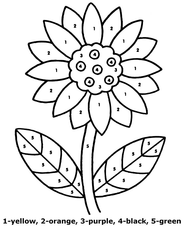 Flower coloring activity with a special number chart for practicing numbers, worksheet image 23 Kindergarten Color by Number Flower worksheet featuring numerals and words for number recognition