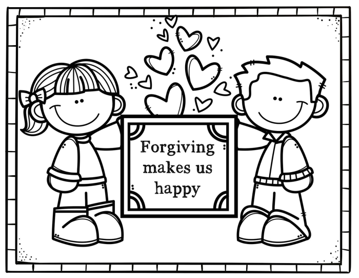 Social emotional learning Foregiveness Fingers activity for young children on forgiving others Kindergarten worksheet showing a hand with words like love and listen for practicing forgiveness