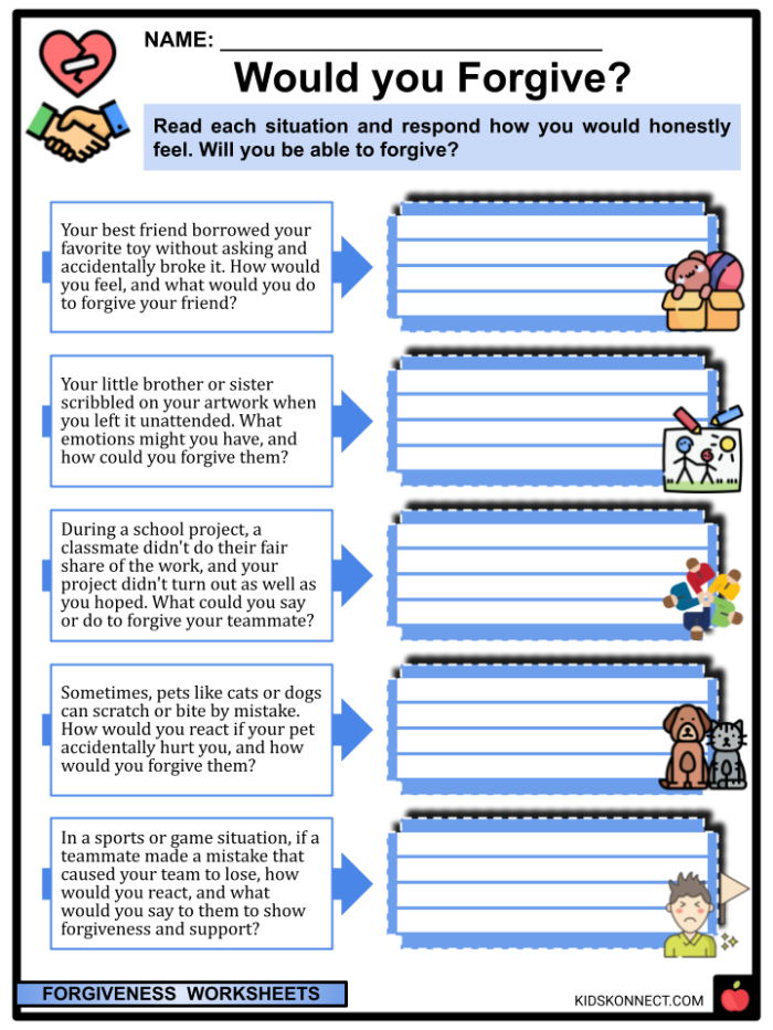 Forgiveness Fingers worksheet with key positive words for young learners to practice forgiveness skills Kindergarten social emotional learning worksheet showing a hand with supportive words on each finger for forgiveness