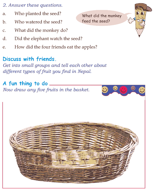 Kindergarten worksheet featuring The Four Friends poem and comprehension questions