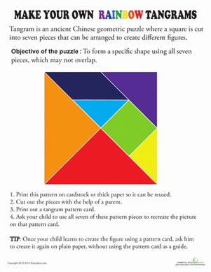 Kindergarten tangram template worksheet for coloring and learning fractions