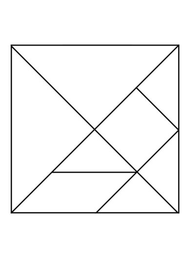Kindergarten worksheet featuring a colorful tangram template for learning fractions