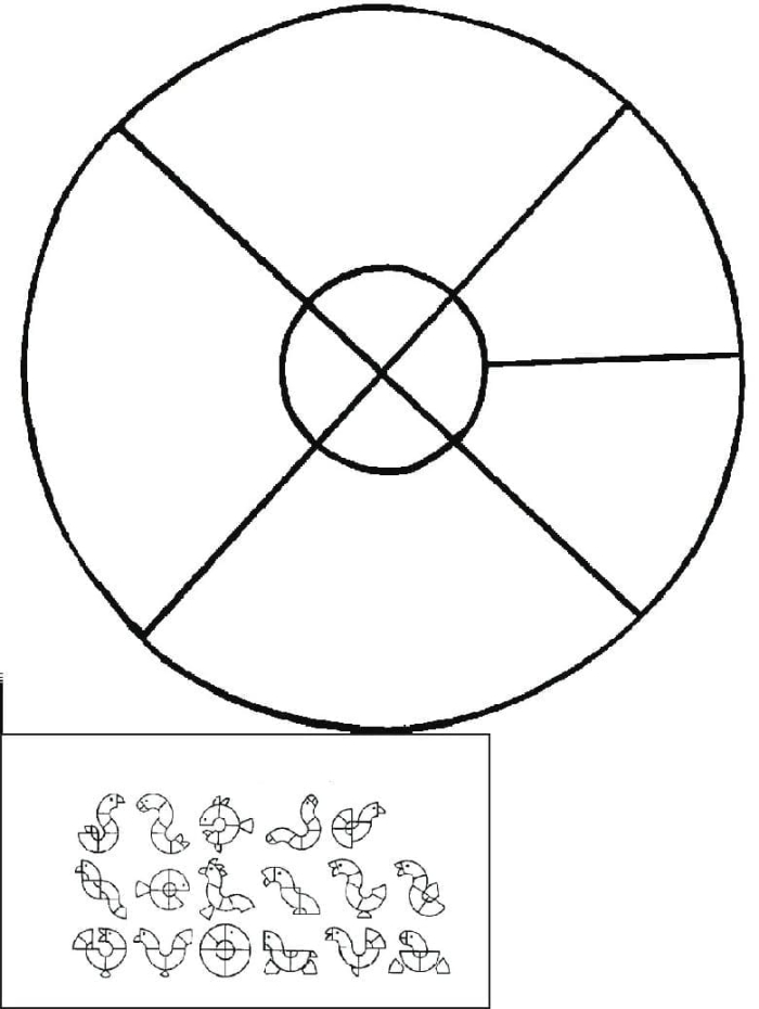 Kindergarten worksheet featuring a colorful tangram template for learning fractions