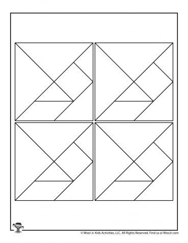 Kindergarten worksheet showing a colorful tangram template for learning fractions