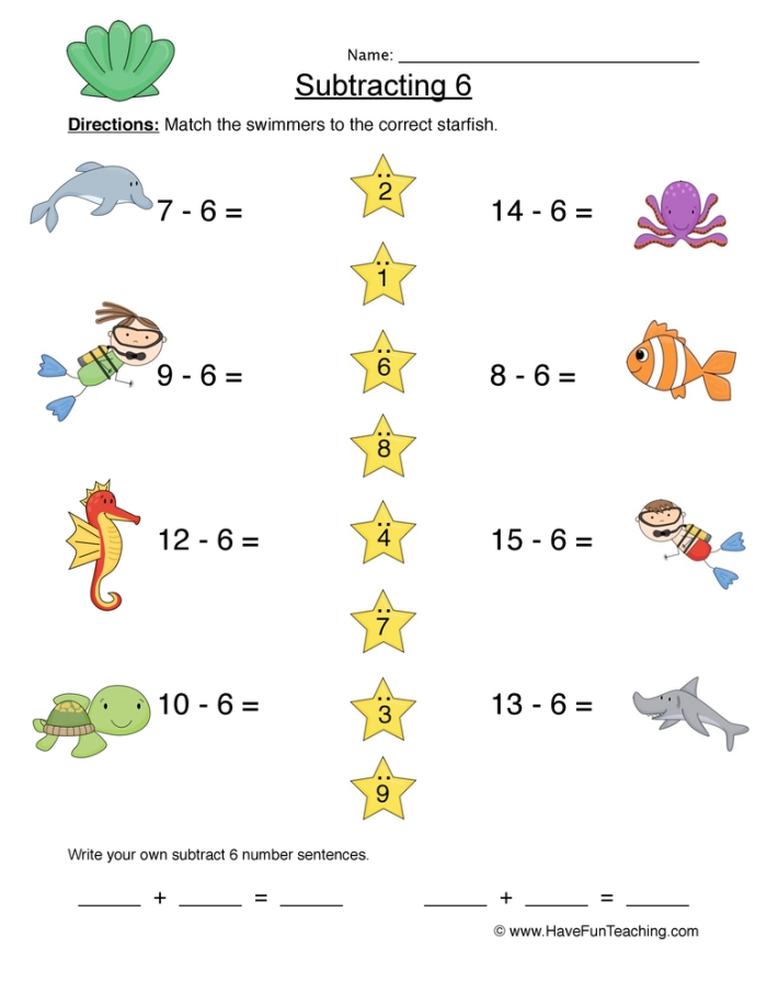 Kids subtracting six animals in a fun worksheet activity