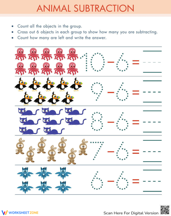 Animals to subtract six from in a fun kindergarten math worksheet
