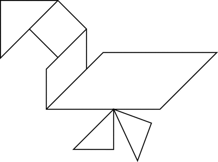 Kindergarten worksheet showing a colorful tangram template for building geometric reasoning