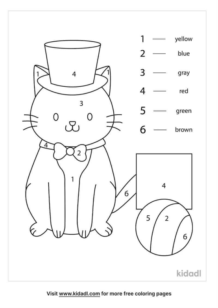 Kindergarten cat nap color by number activity for learning data concepts Color by Number worksheet showing a sleeping cat for kindergarten data and graphing practice
