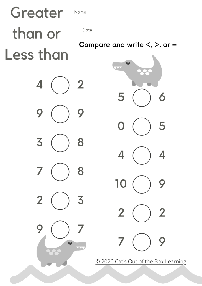Kindergarten worksheet page showing Greater Gator 2 activity with numbers and comparison symbols