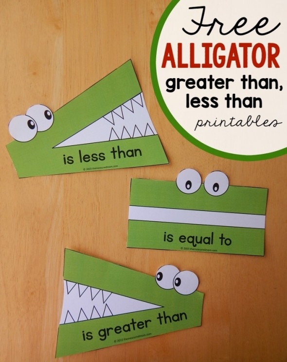 Kindergarten worksheet showing Greater Gator 2 comparing numbers using greater than, less than, and equal to symbols