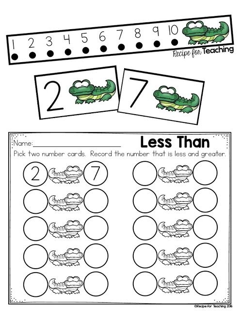Kindergarten worksheet showing Greater Gator 2 with numbers and comparison symbols