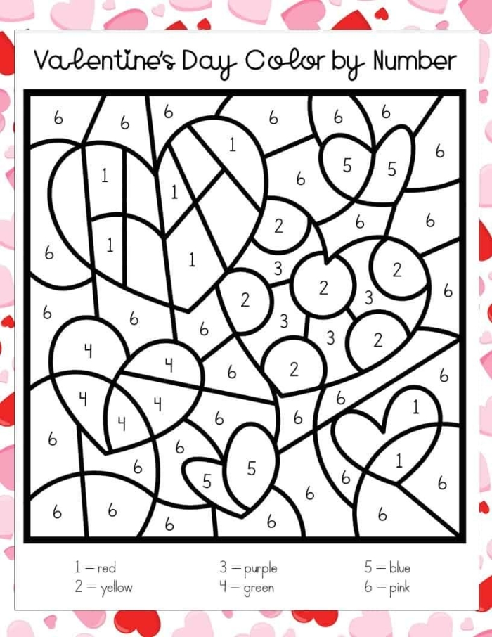 Valentine's Day number recognition activity for young learners in Earth and Space Science, image 20 Kindergarten Valentine's Day color by number worksheet featuring a heart-themed math puzzle