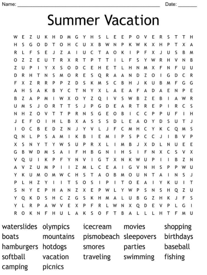 Kindergarten Vacation Word Search puzzle featuring holiday-themed words