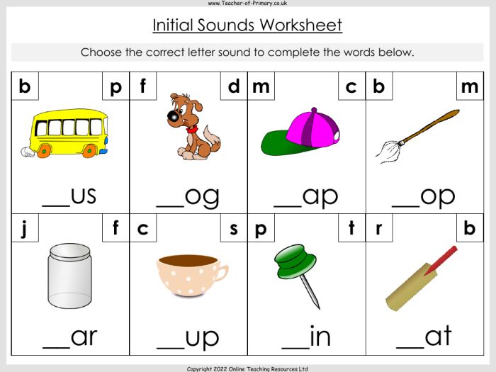 Initial Sounds Worksheet 21 B is for Bow Letter Matching Activity Kindergarten student matching pictures to initial letter B with bow and other objects starting with B