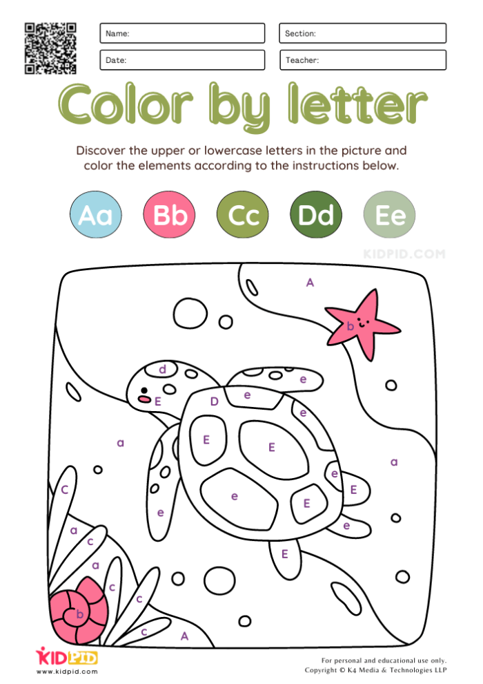Engaging Color by Letters activity for ABC review in mixed operations, image 4 Kindergarten student coloring a Color by Letters worksheet to practice letter recognition