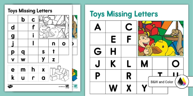 Find Missing Letters spelling activity for young learners with toys on page 18 Kindergarten worksheet where children fill in missing first letters of toy names
