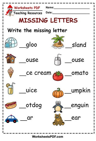 Spelling practice with missing first letters on a kindergarten toy-themed worksheet 14 Kindergarten worksheet with toys missing the first letter in their names to complete