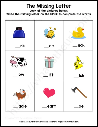 Find Missing Letters activity for early spelling practice in kindergarten Kindergarten worksheet where children fill in missing first letters of toy names