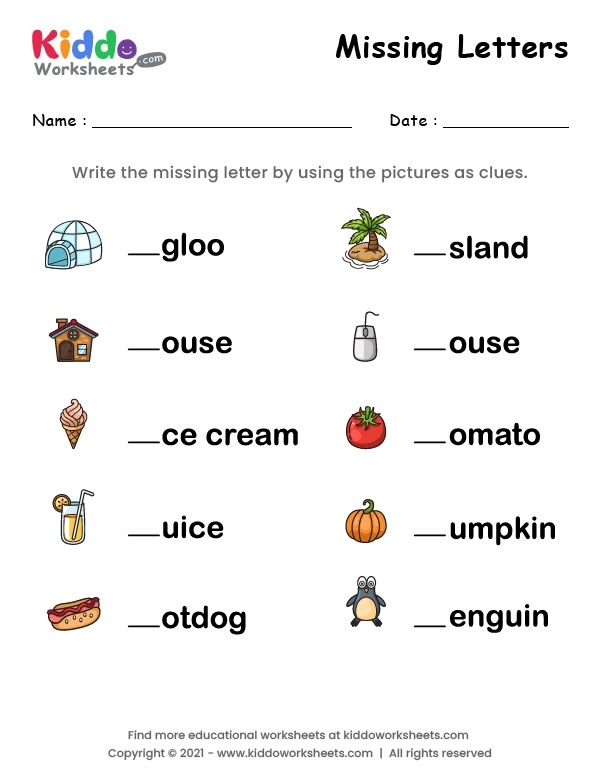 Find Missing Letters spelling practice worksheet for young learners number 19 Kindergarten spelling worksheet with toys missing the first letter in their names