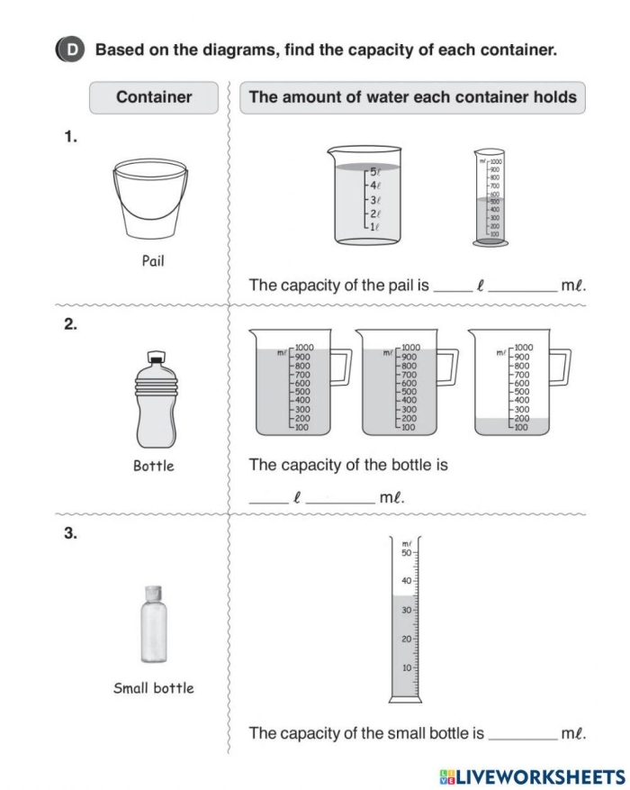 Printable Estimating Volume worksheet for young learners in physical science 25 Kindergarten worksheet for estimating liquid volume with colorful containers