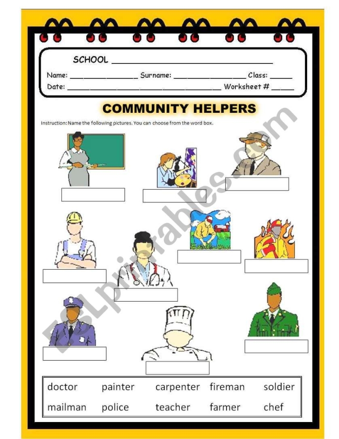 Kindergarten worksheet featuring community workers and their vehicles to match
