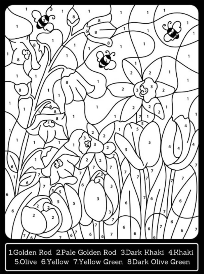 Color by Number Flower activity for number recognition in Kindergarten, image 8 Kindergarten worksheet showing a flower to color by matching numbers and words