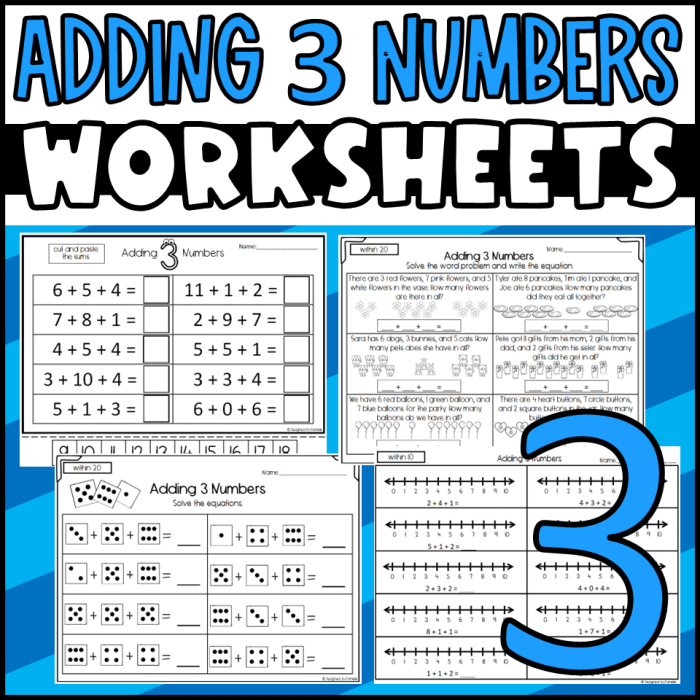 Worksheet image for practicing addition of three numbers with young learners Kindergarten worksheet showing an exercise to add three numbers for early math skills