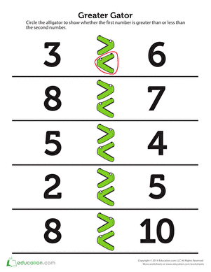 Kindergarten worksheet showing Greater Gator 2 with numbers and comparison symbols