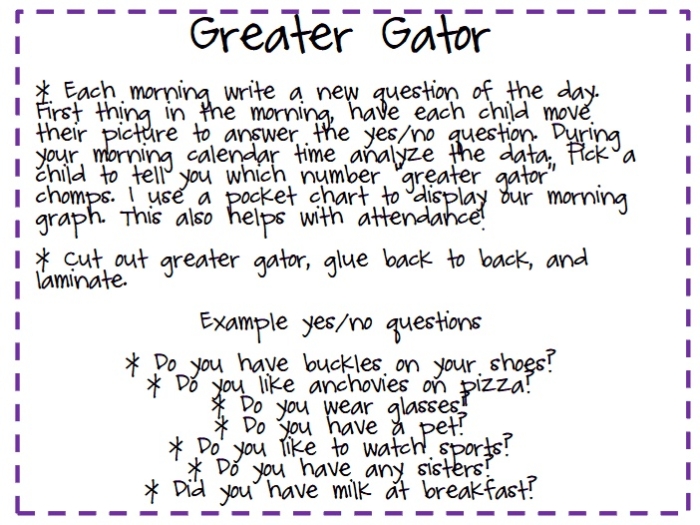 Kindergarten worksheet showing Greater Gator 2 activity with greater than, less than, and equal symbols