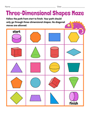 Three-Dimensional Shapes Maze Activity 24 for Early Learners Kindergarten student tracing a colorful maze pathway lined with three-dimensional shapes like cubes, spheres, and cylinders to practice shape recognition