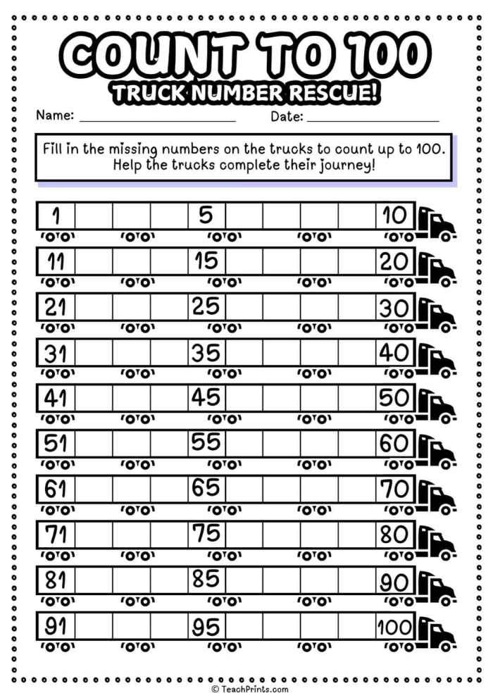 Count Forward Missing Numbers exercise for young learners in Numbers and Counting category Kindergarten worksheet for counting forward with missing two-digit numbers to fill in