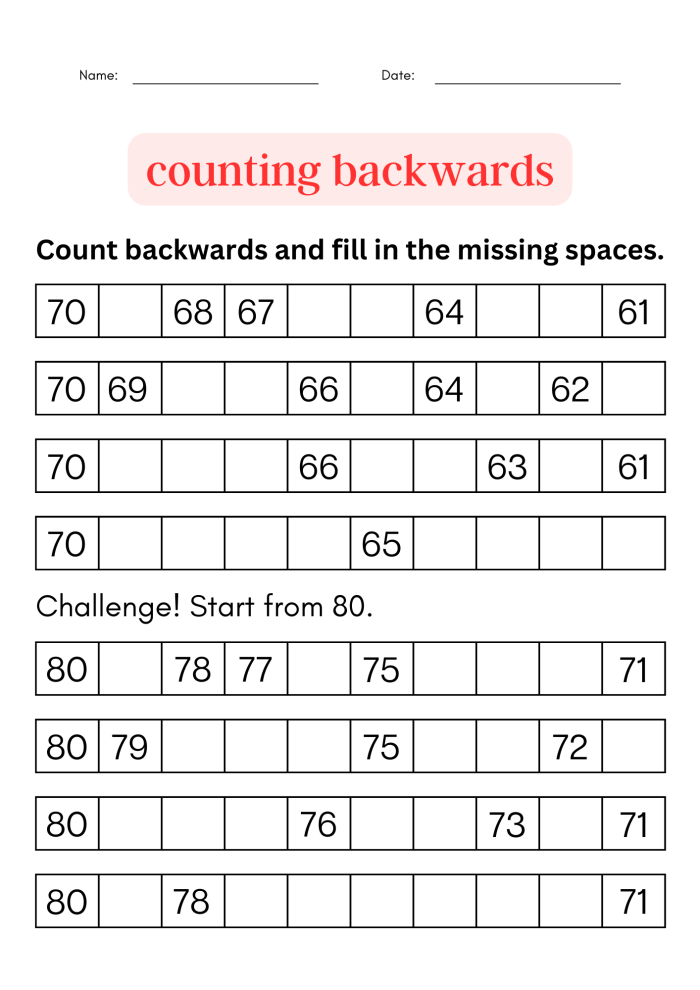 Counting forward activity with missing numbers for young learners worksheet 3 Kindergarten worksheet showing missing two-digit numbers to count forward